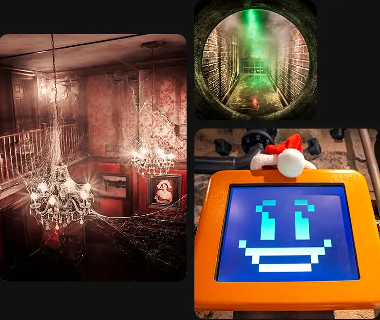 Creepy horror theme escape game room featuring heavy spider webs, antique paintings, and dramatic lighting by Escape Room.